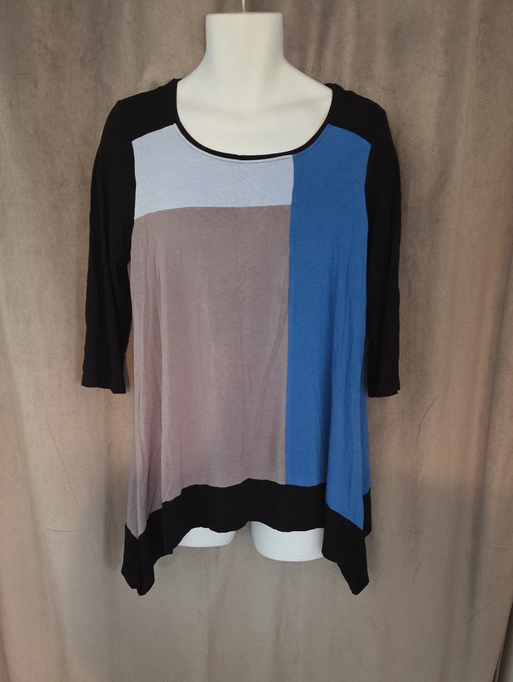 Cleo Size Large Women's Colorblock Scoop Neck Tunic in Blue, Gray & Black